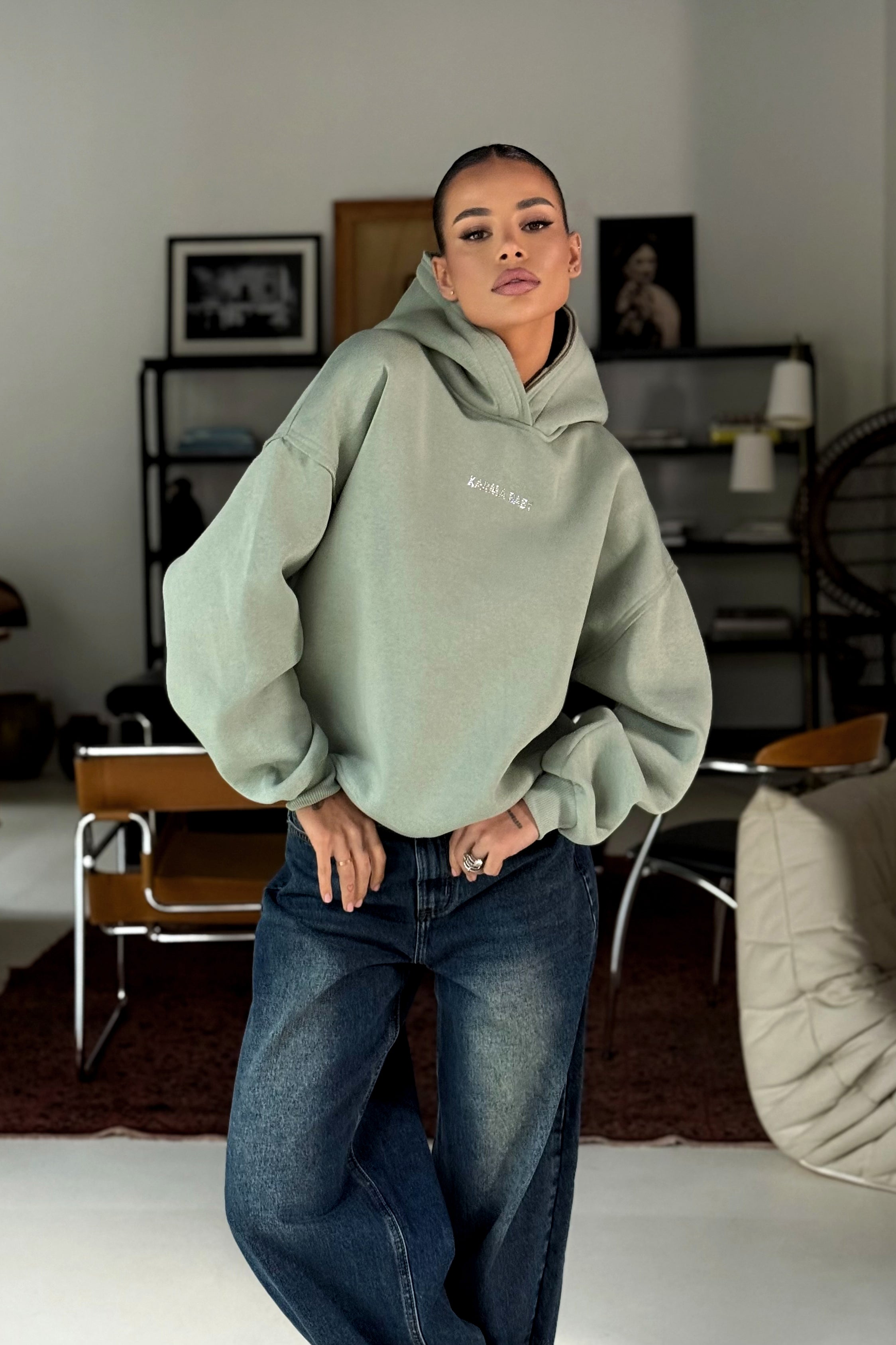 Hoodie NO BAD VIBES / Verde lapte